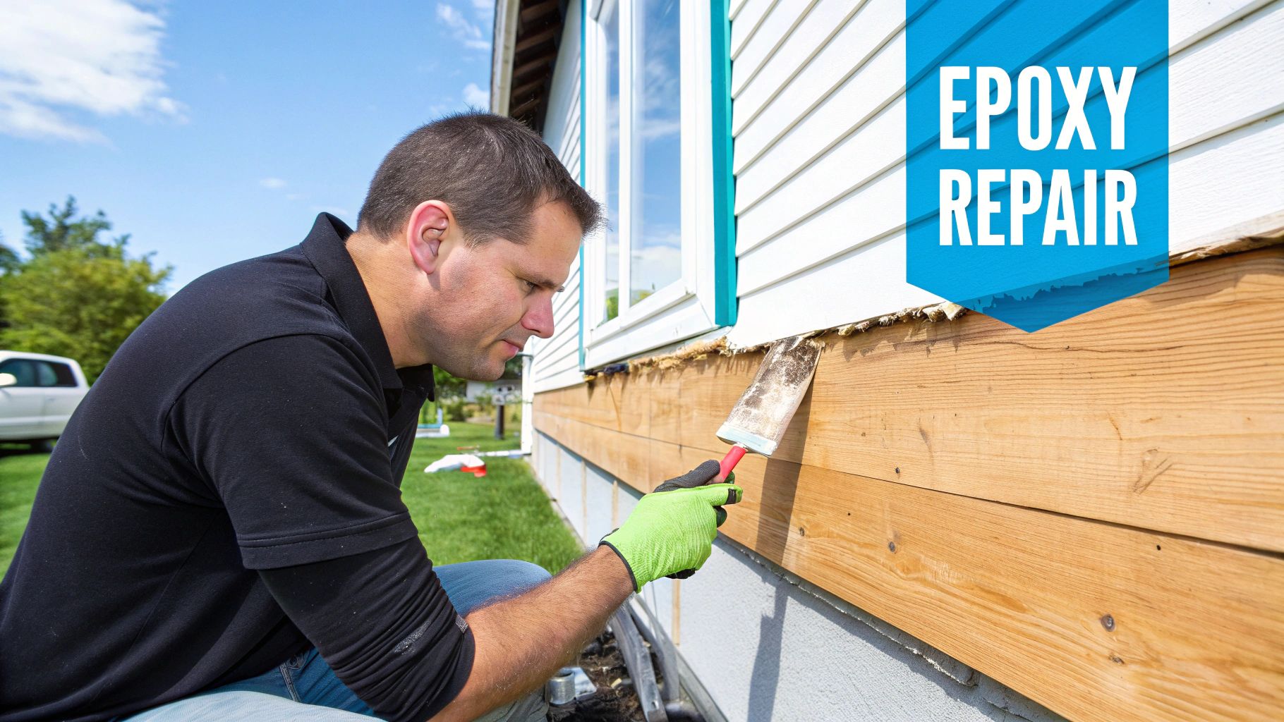 A person applying epoxy filler to repair rotted wood on a house siding.