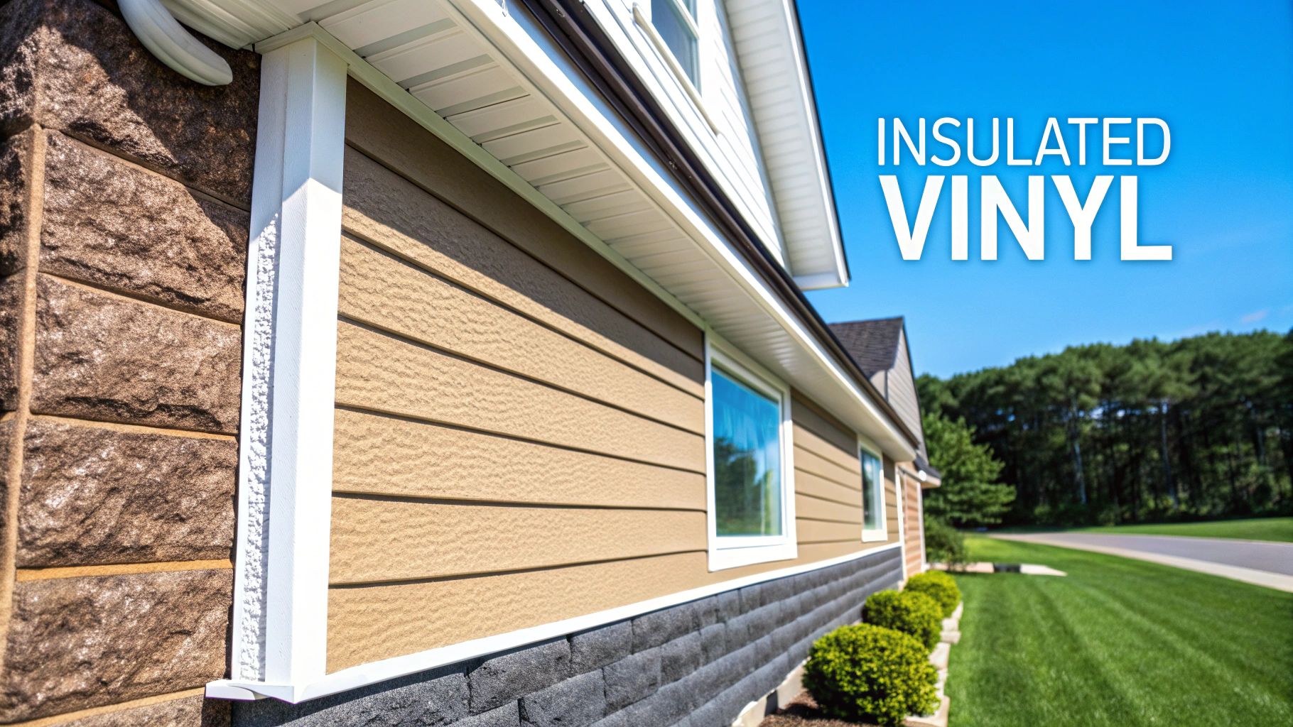 A close-up view of modern insulated vinyl siding showing its texture and foam backing.