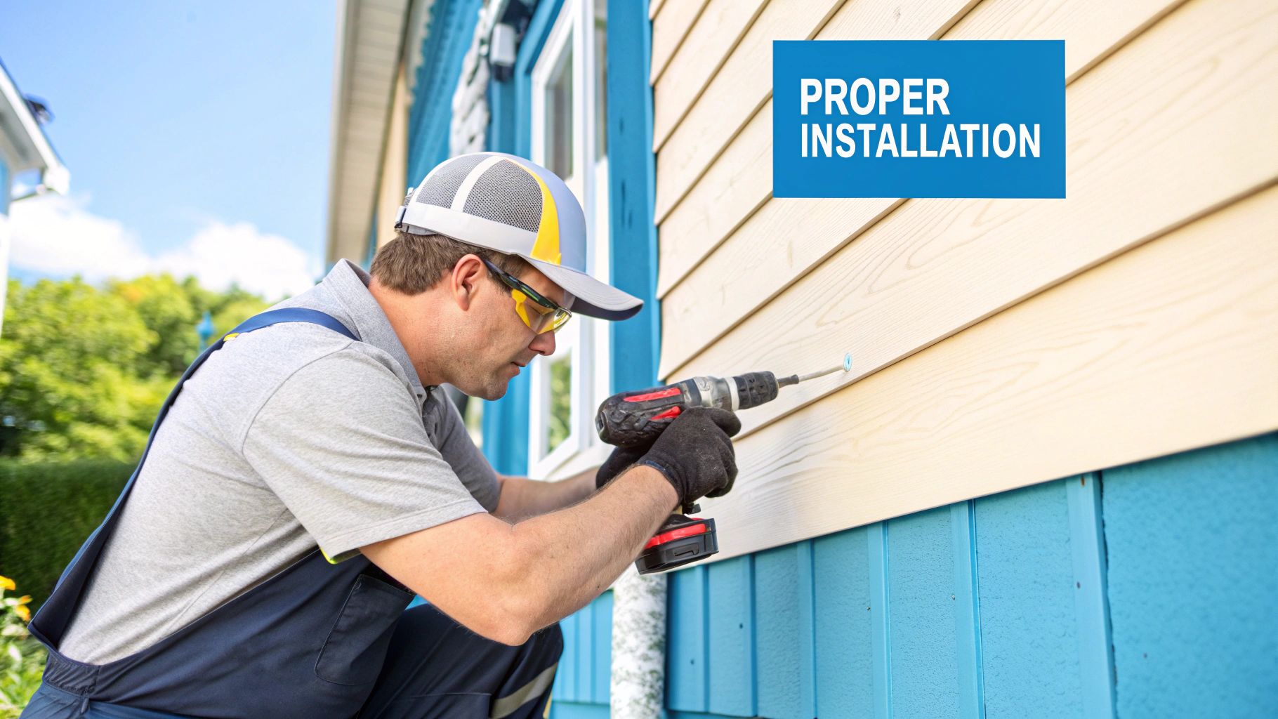 A professional siding installer carefully fastening a HardiePlank board to a house