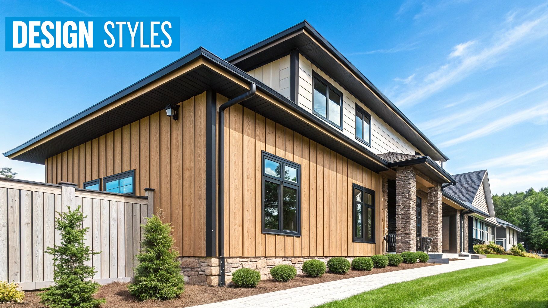 A modern farmhouse with striking white board and batten siding.