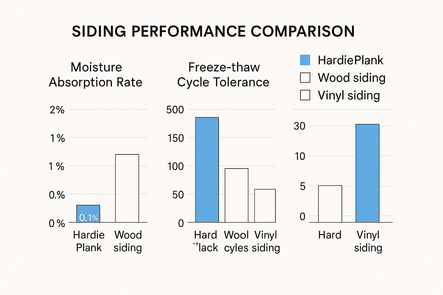 Infographic comparing HardiePlank, wood, and vinyl siding on moisture absorption, freeze-thaw tolerance, and color fade warranty