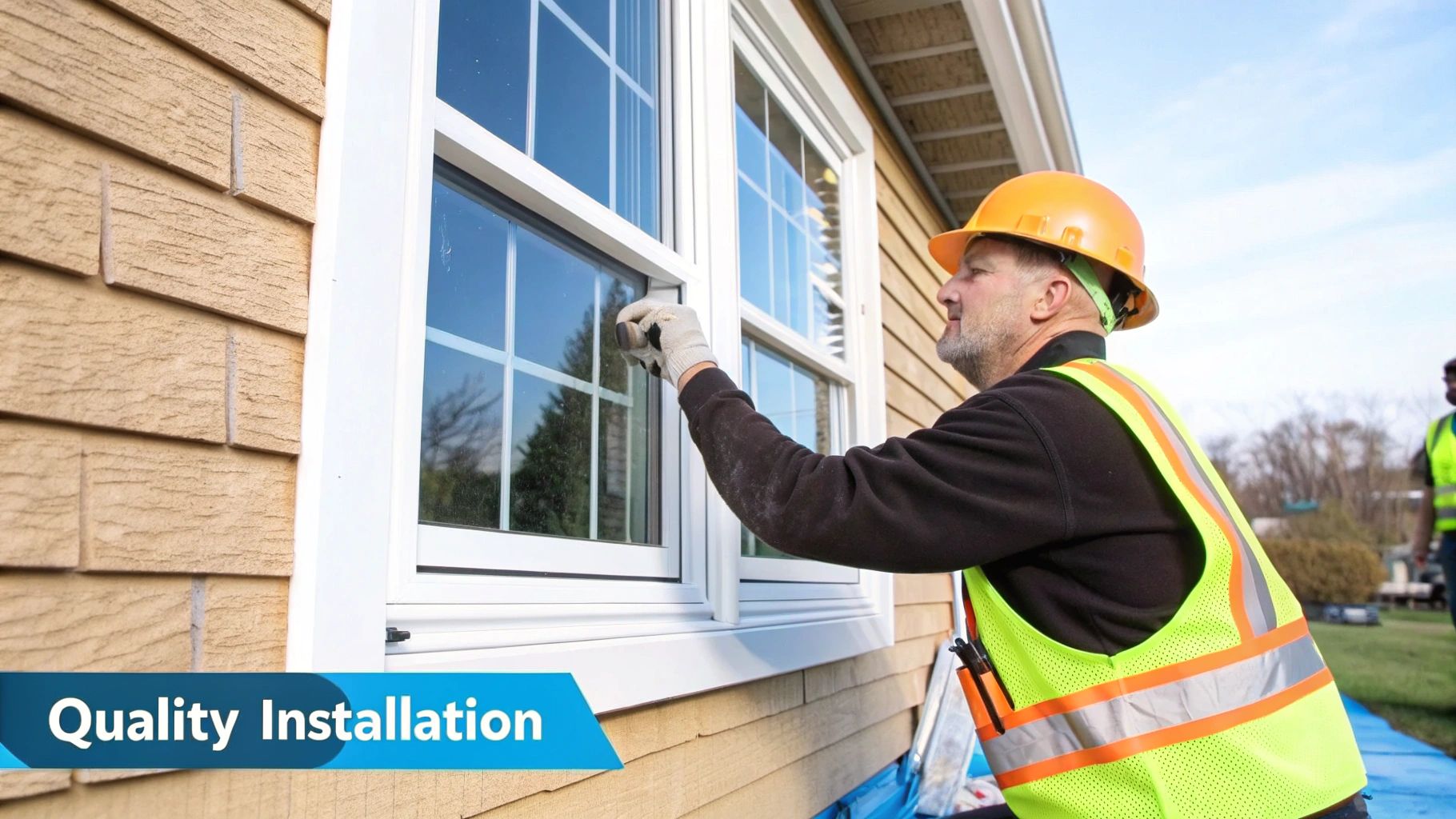 A construction worker using seam tape on a house wrap installation around a window frame.