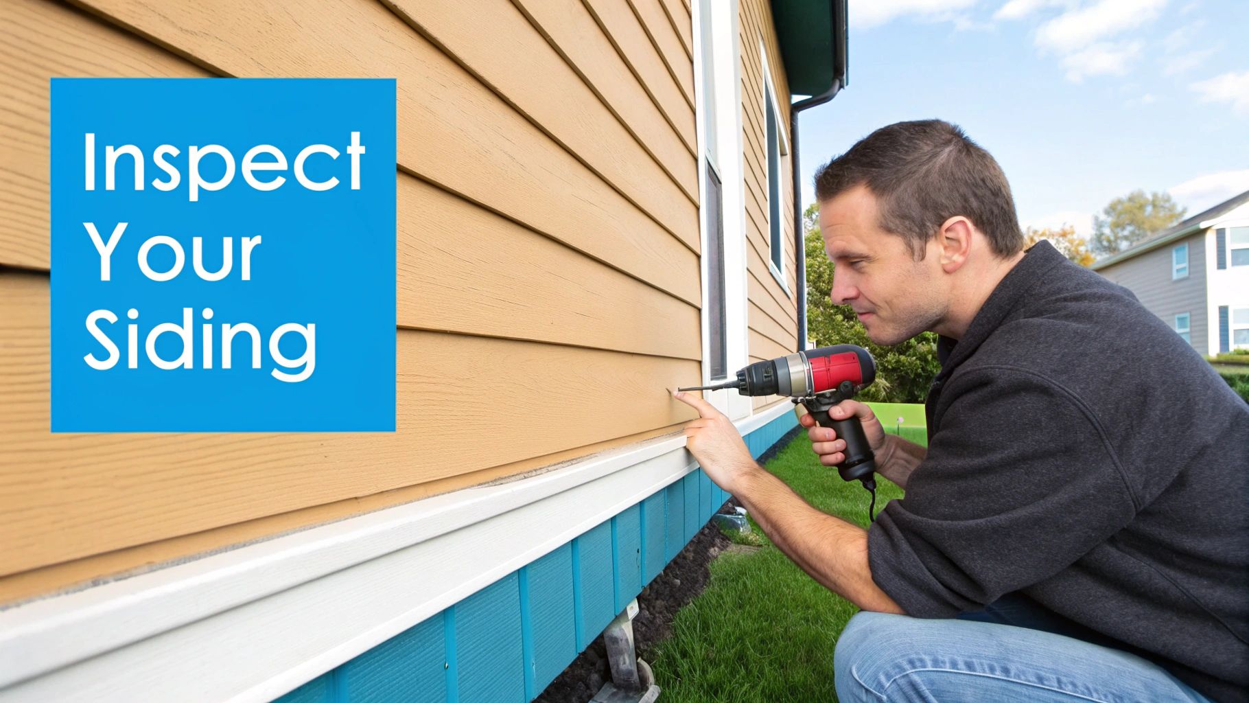 A close-up view of a person using a screwdriver to test a piece of wood siding for softness, demonstrating early detection of rot.