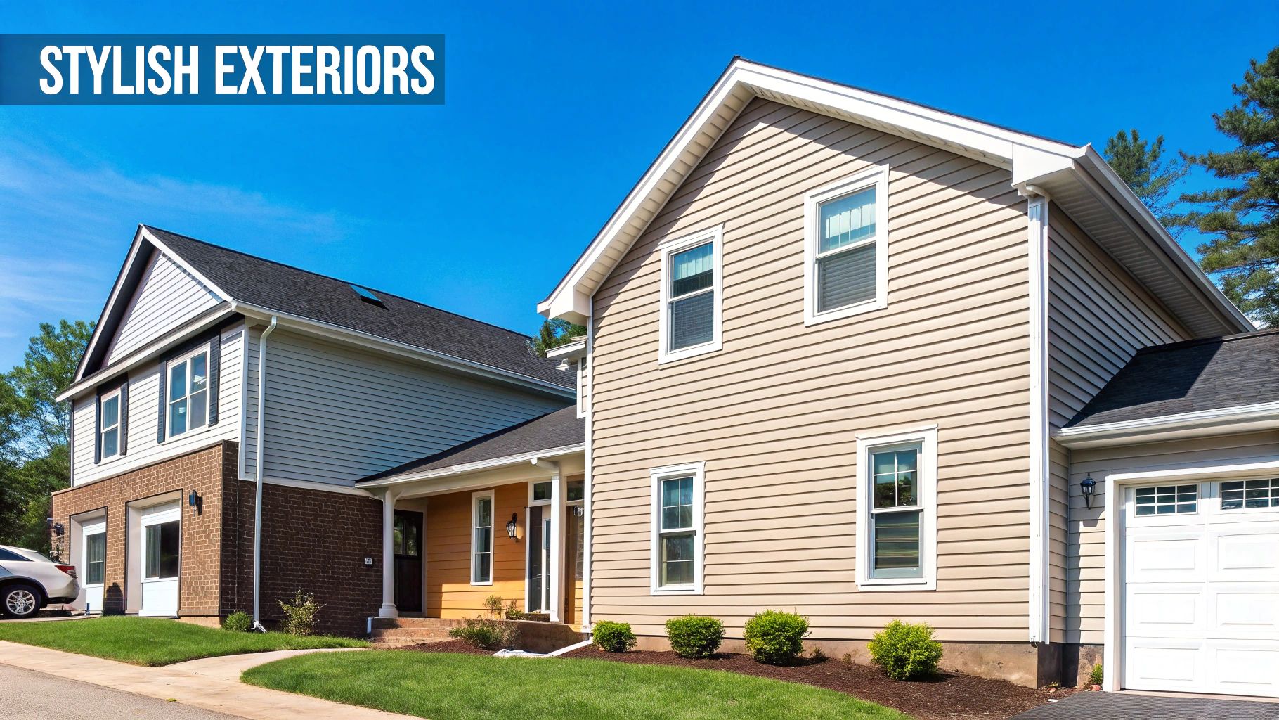 A person pressure washing vinyl siding on a suburban home.