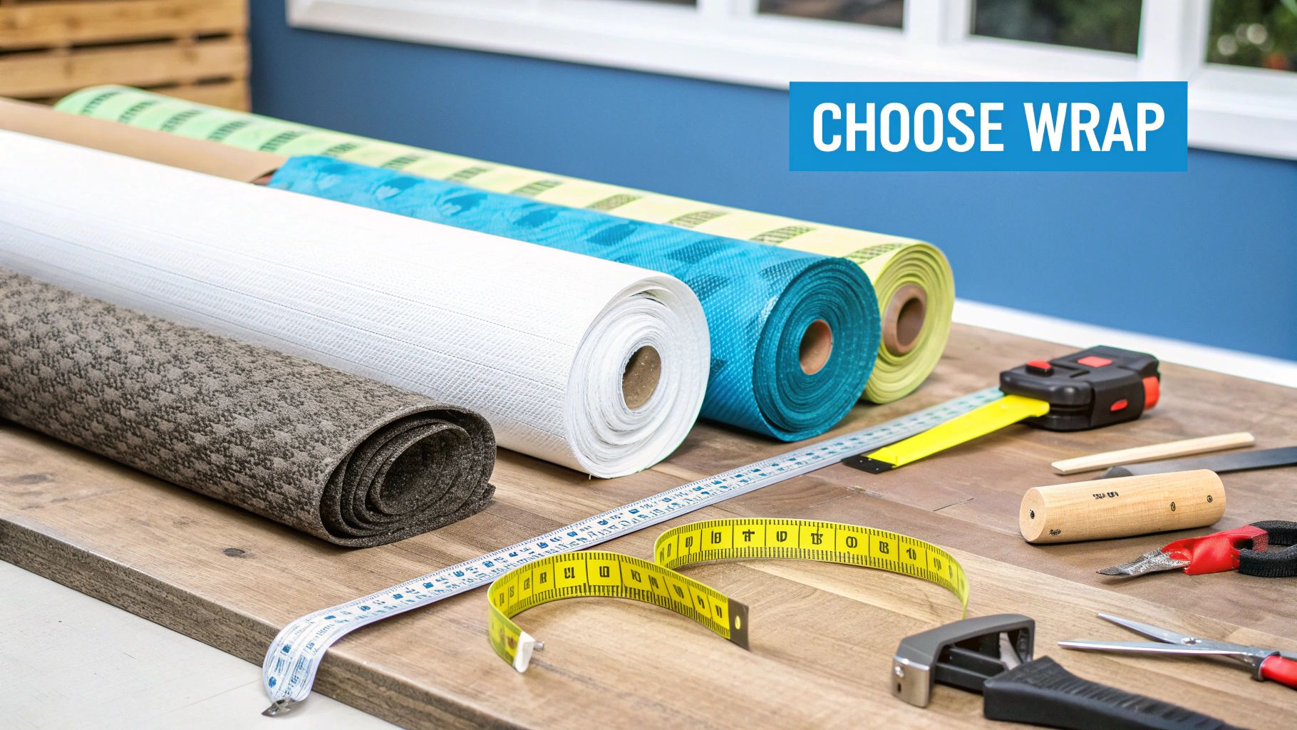 A close-up of a construction worker installing a modern, synthetic house wrap material onto the exterior sheathing of a new home.