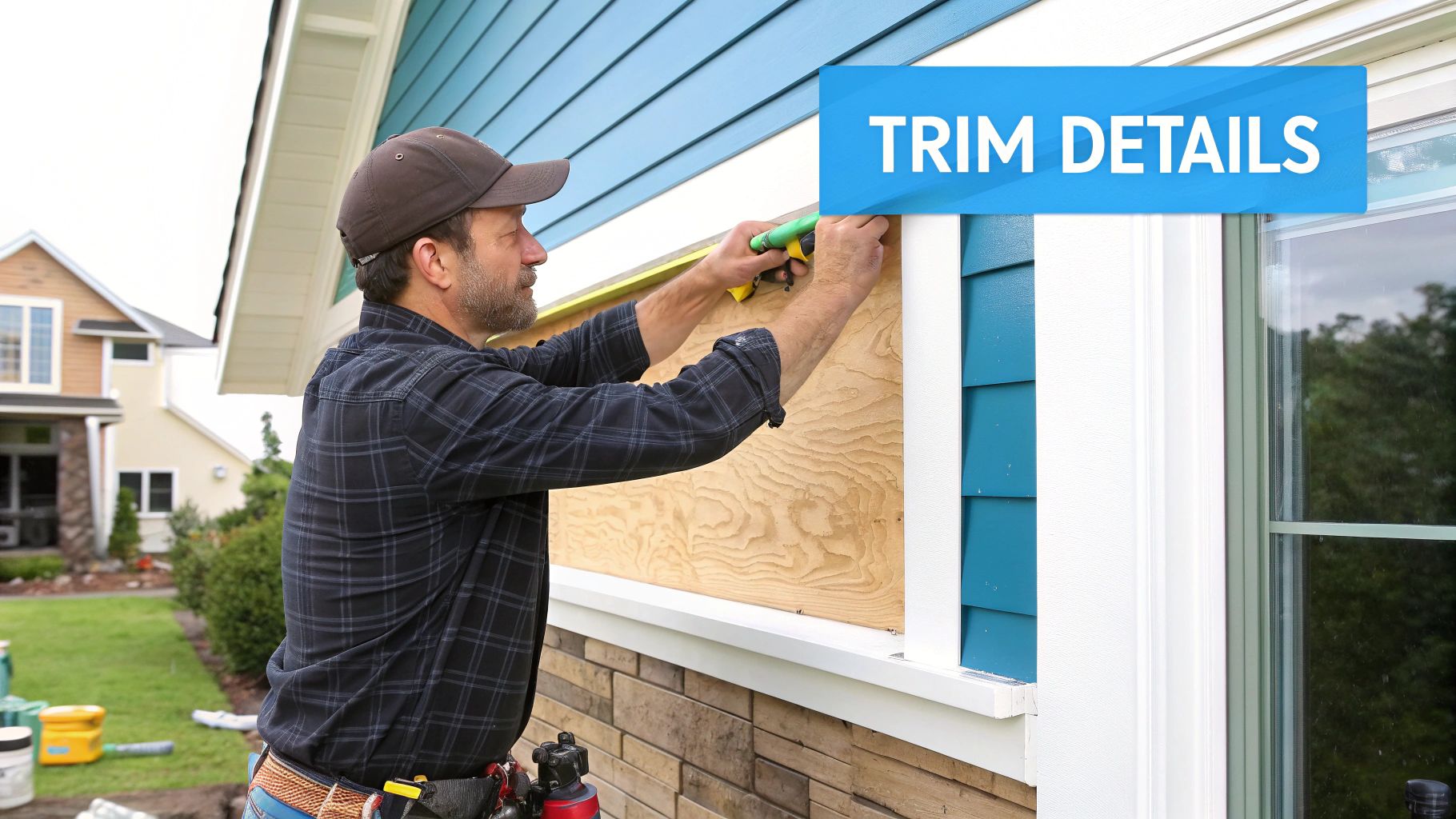 A detailed view of professionally installed Hardie plank trim around a window, showing clean lines and proper sealing.