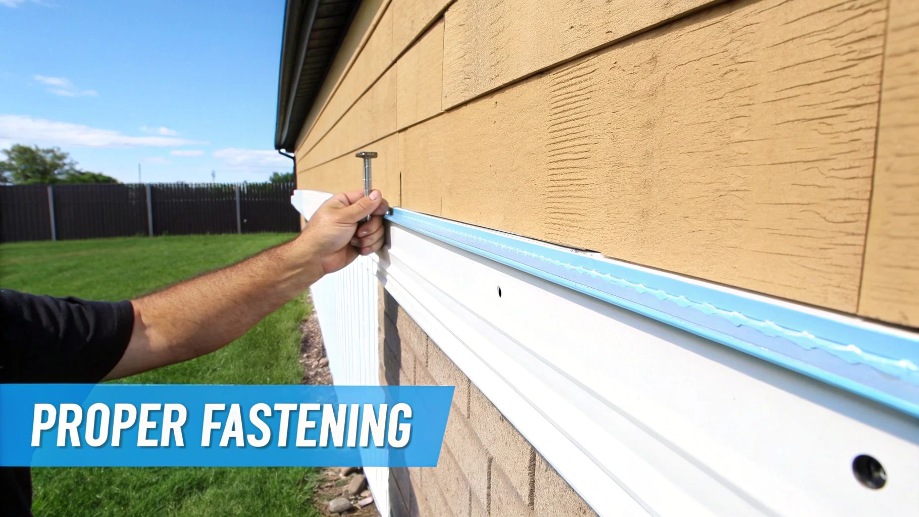 A close-up shot of a contractor nailing a piece of J channel into the side of a house.