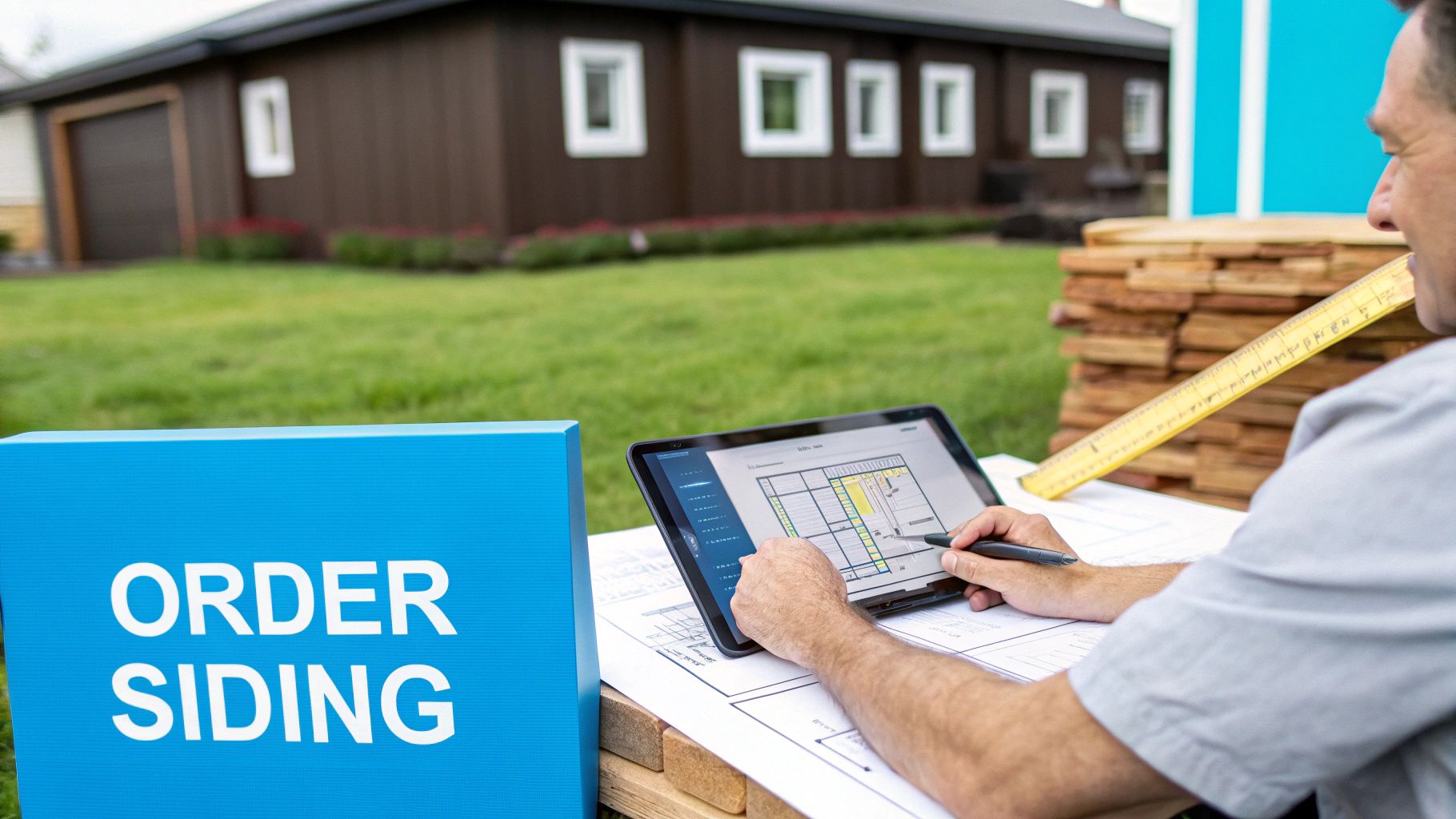 A person using a laser distance meter to measure the exterior of a house.