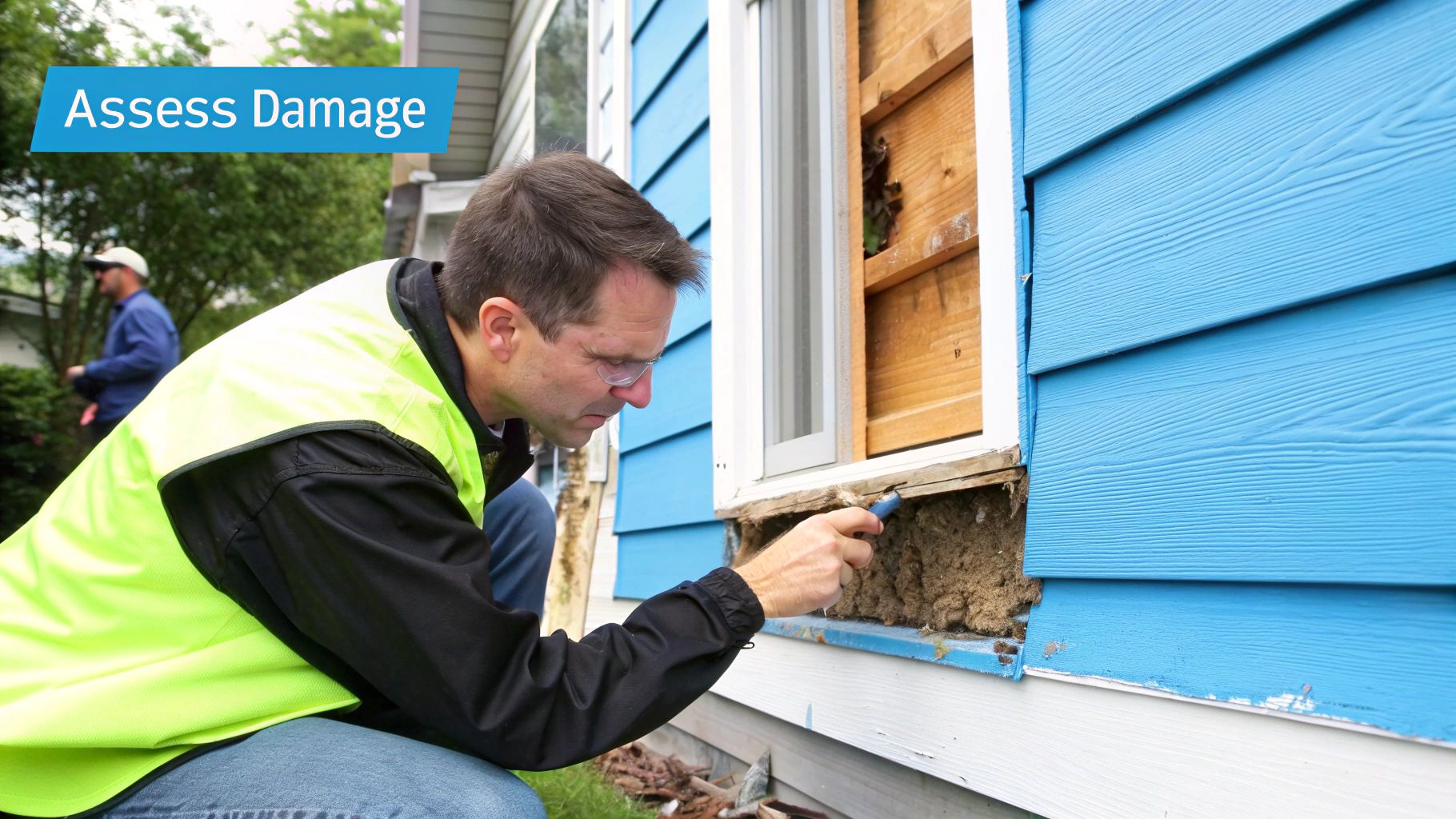 A professional inspecting wood siding for the extent of dry rot damage.