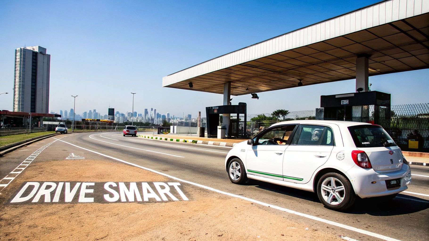 A white car drives past a toll booth under a canopy, with 'DRIVE SMART' painted on the road and a city skyline in the background.