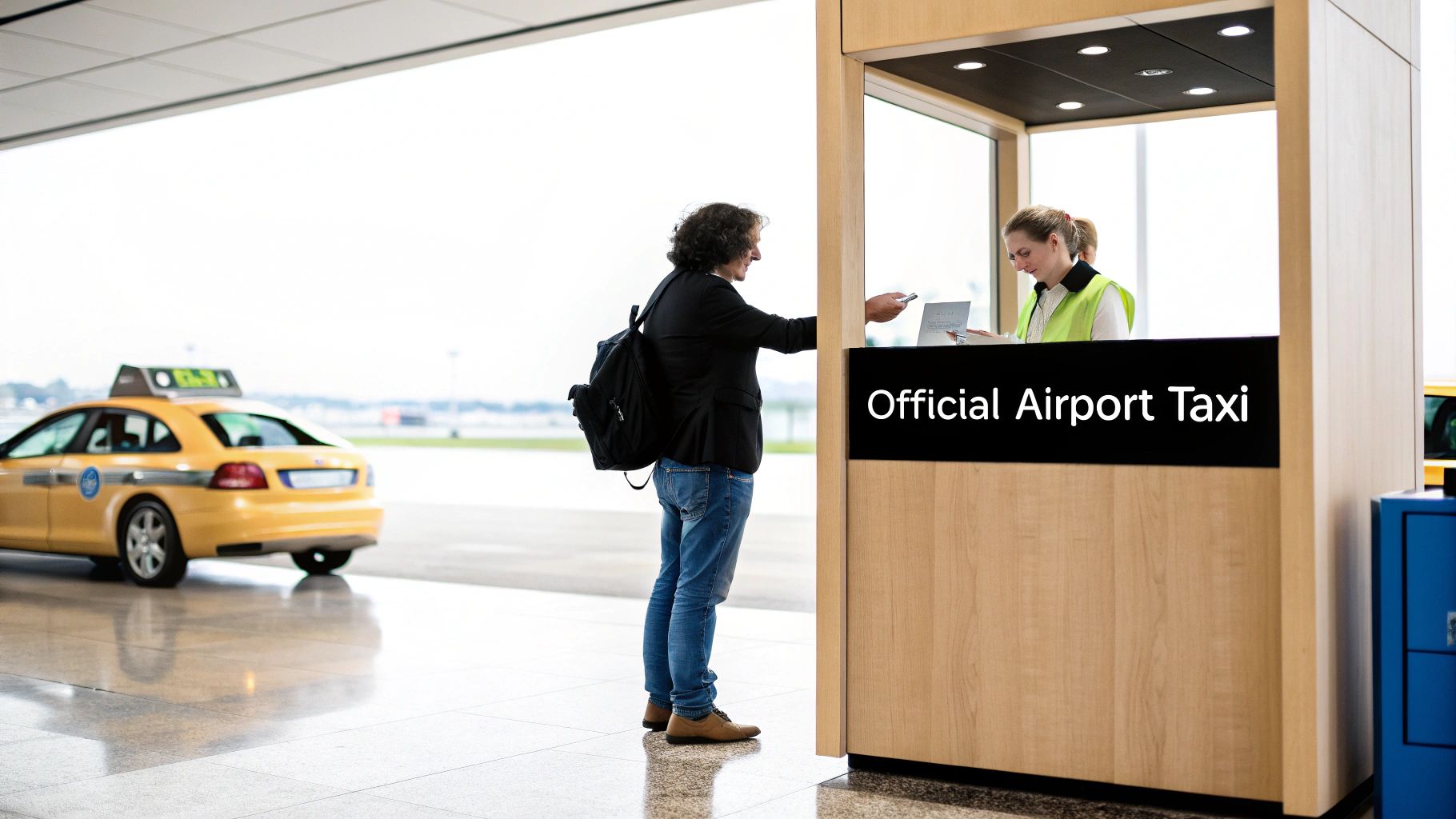 Taxi From Airport GRU A Stress-Free Arrival Guide A man with a backpack gets a taxi ticket from a staff member at an official airport counter.