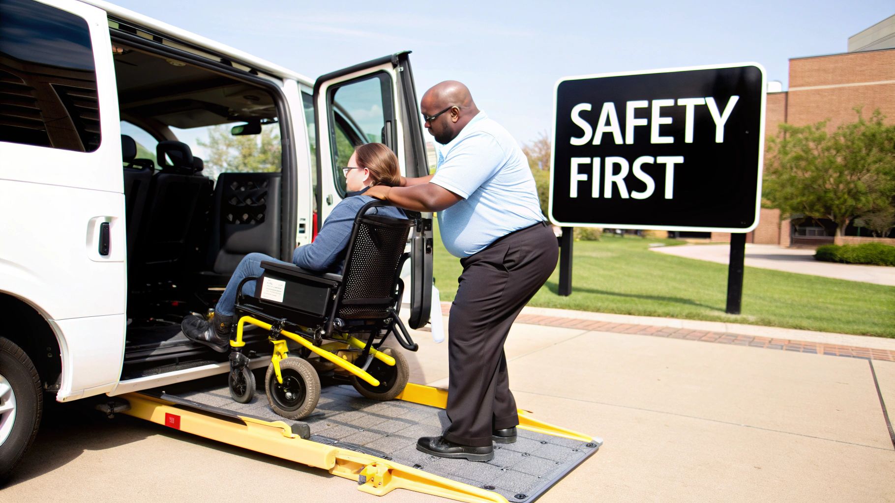 An attendant helps a person in a wheelchair board a white accessible van using a ramp, with a 'Safety First' sign nearby.