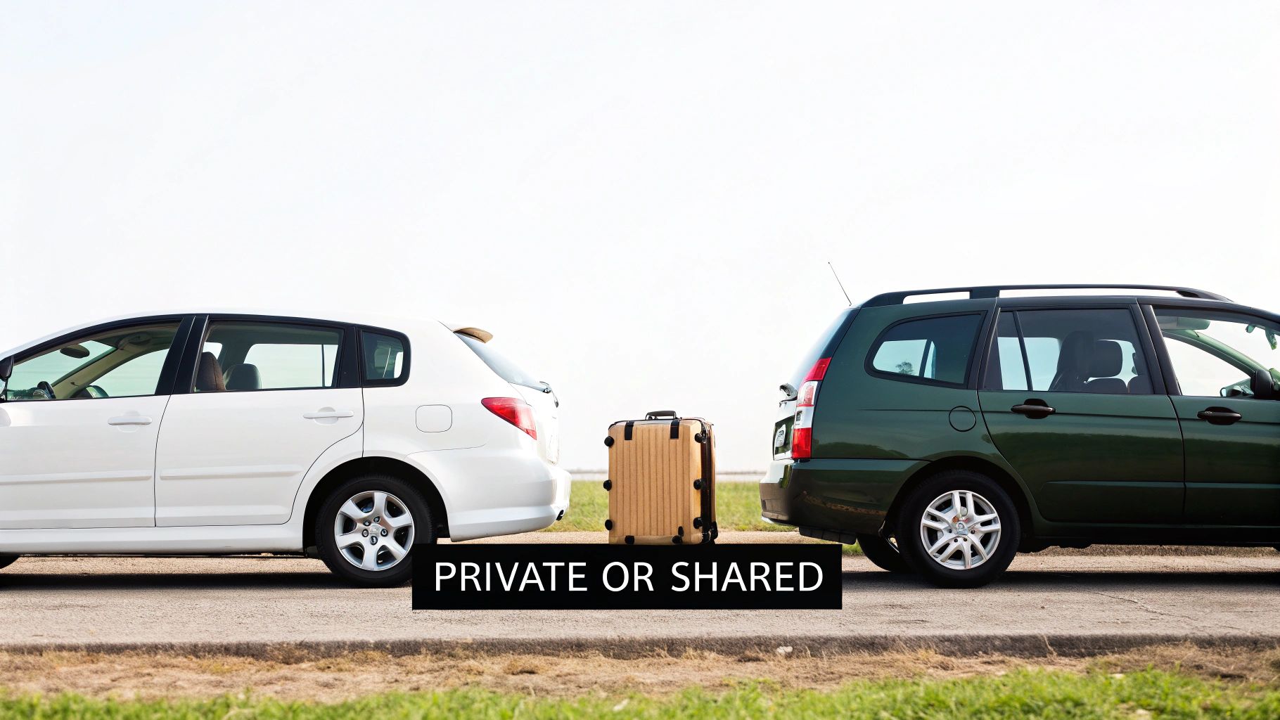 Two cars and a suitcase, illustrating private or shared transportation options for travel.