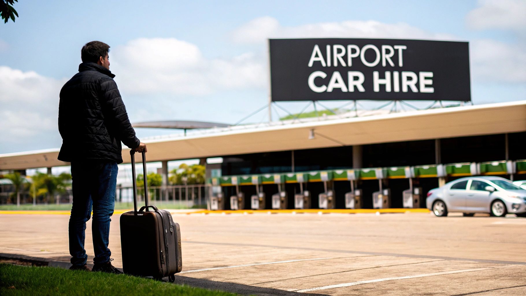 A man with a suitcase at an airport car hire facility, looking at the sign.