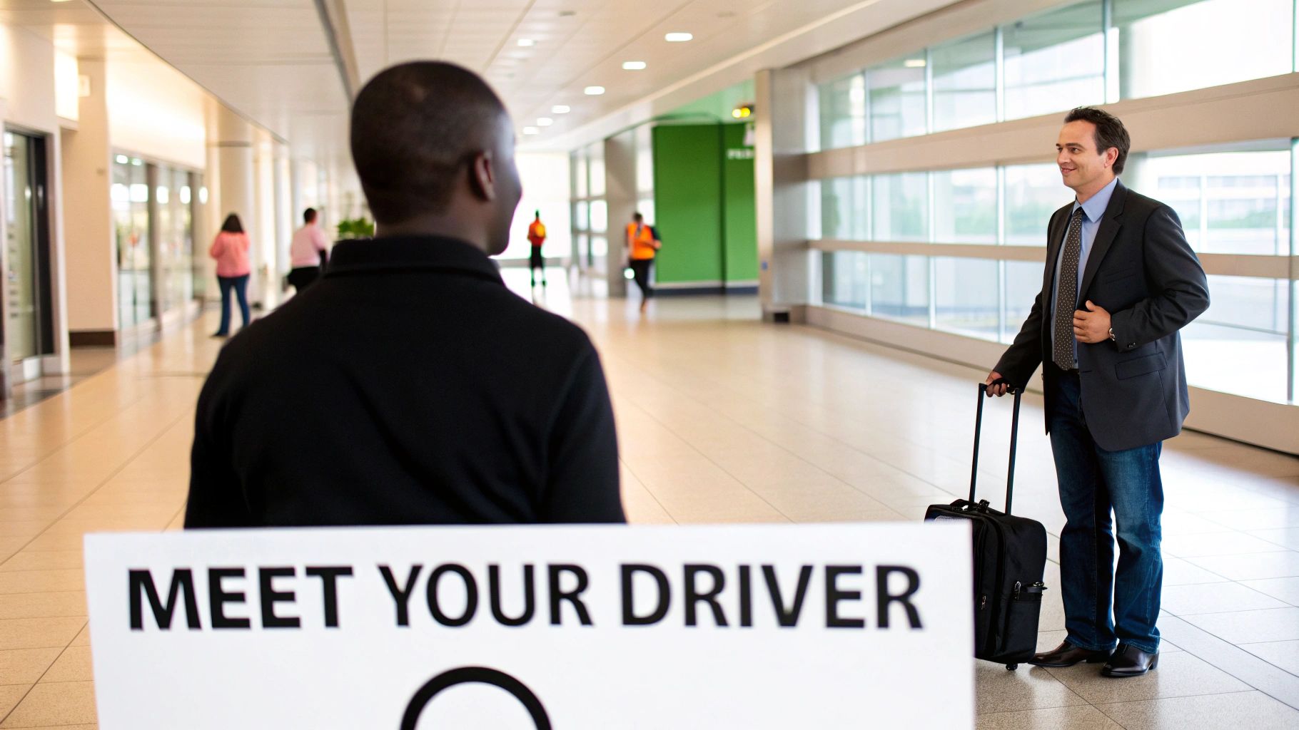 Traveler meeting a driver with a name sign at the airport.