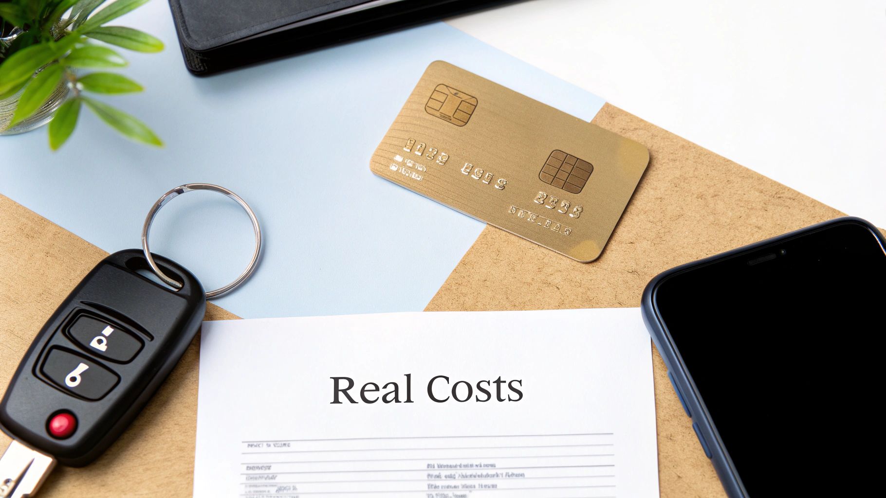 Guarulhos Airport Car Rentals Or Transfers Your Best Pick A car key, gold credit card, smartphone, and a document titled 'Real Costs' on a desk.