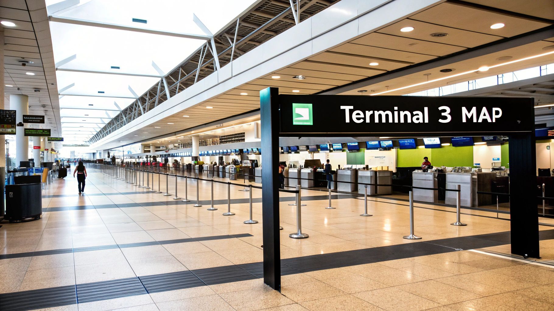The Ultimate Mapa Terminal 3 Guarulhos Airport Guide Spacious airport terminal with a clear 'Terminal 3 MAP' sign, check-in desks, and a person walking.