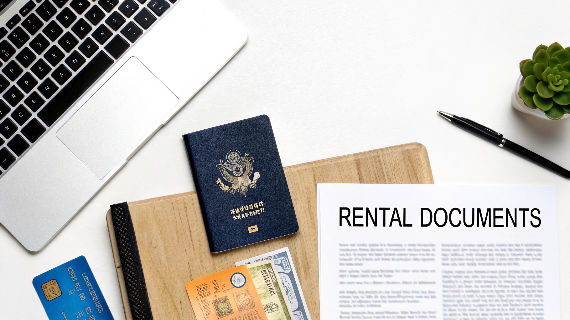 Your Guide to Car Rental Sao Paulo Guarulhos Airport Flat lay of travel essentials including a laptop, passport, credit card, money, and rental documents on a white desk.