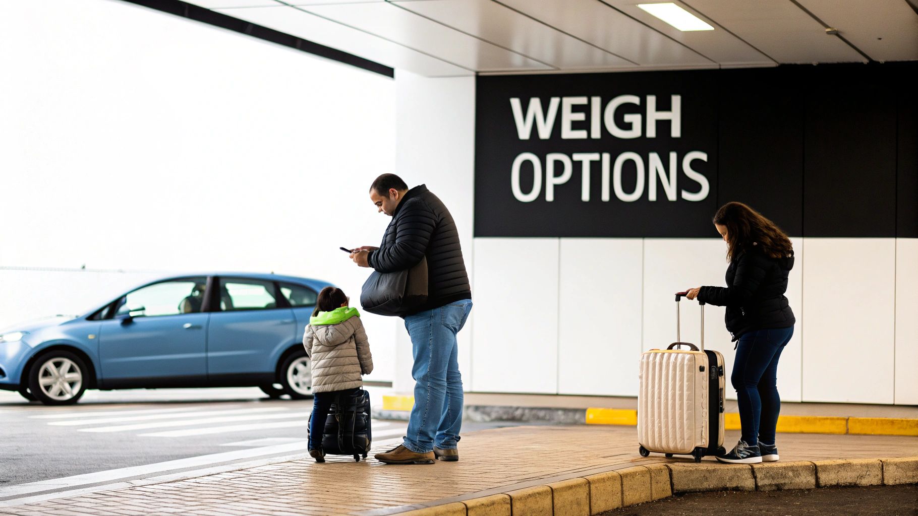 Ride Sharing Service for Airport Travel A Traveler's Guide A family with luggage waits by a car, a man checks his phone, under a 'WEIGH OPTIONS' sign.