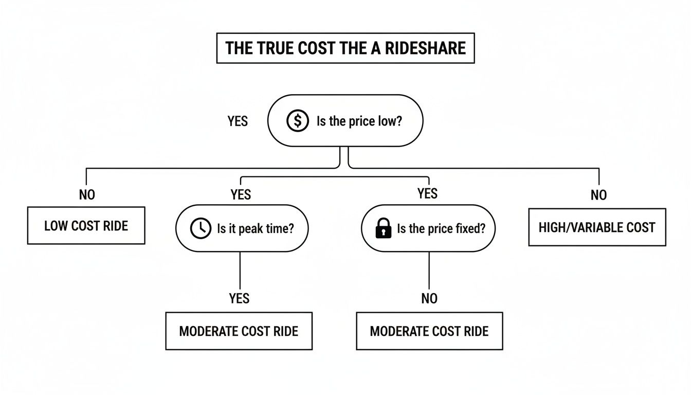 Ride Sharing Service for Airport Travel A Traveler's Guide Flowchart illustrating the factors that determine the true cost of a rideshare service.