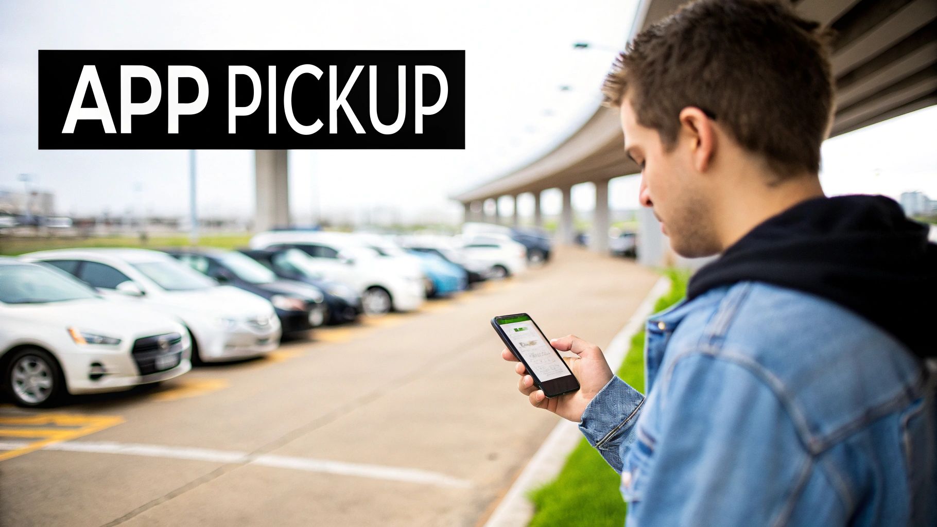 Guia Completo: taxi do aeroporto de guarulhos A man uses a smartphone for app pickup service at a busy car park with 'APP PICKUP' text.