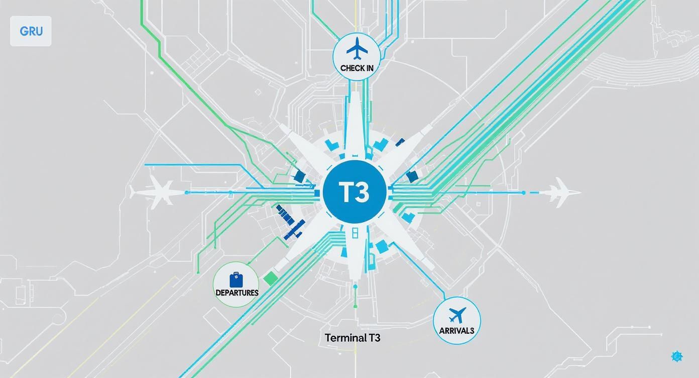 The Ultimate Mapa Terminal 3 Guarulhos Airport Guide A stylized map of Guarulhos Airport Terminal 3 (GRU), illustrating passenger flow for check-in, departures, and arrivals.