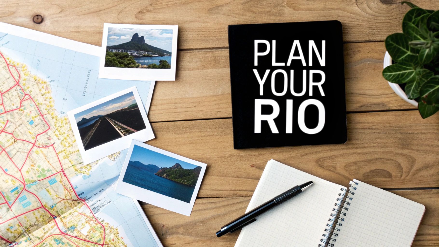 Your Guide to tour rio de janeiro: Top Sights & Tips A flat lay of travel planning items for a trip to Rio, including a map, photos, and a notebook.