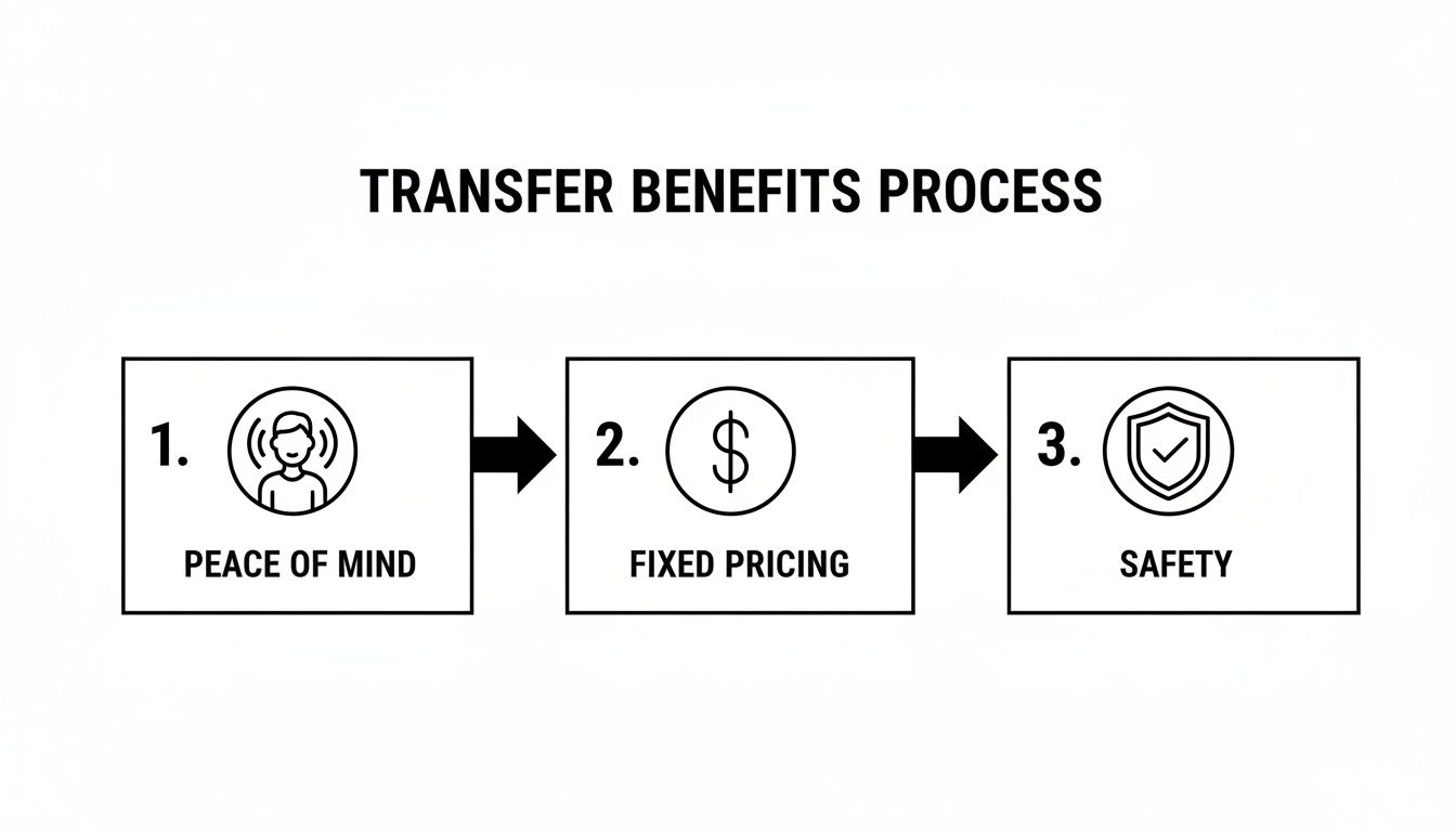 A diagram illustrates the Transfer Benefits Process: 1. Peace of Mind, 2. Fixed Pricing, 3. Safety.