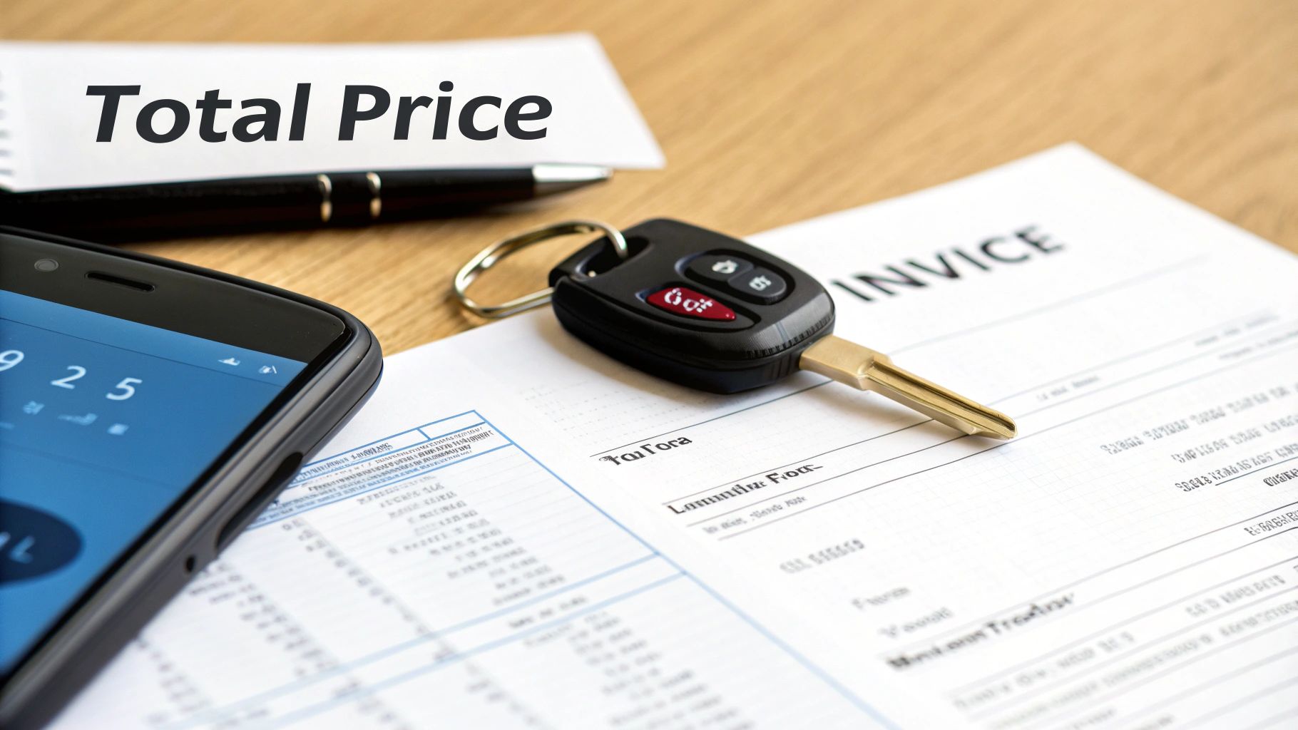Car key on an invoice, with a smartphone displaying numbers, and a 'Total Price' paper.