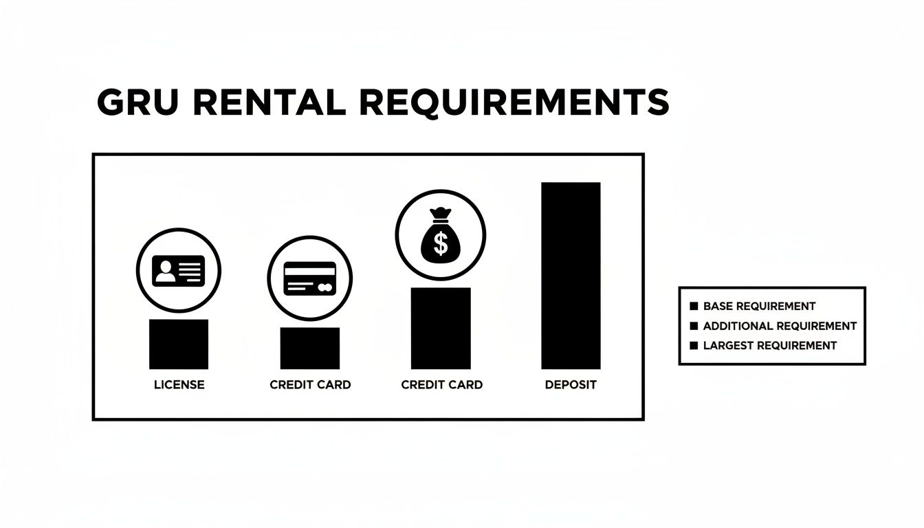 Bar chart illustrating GRU rental requirements: license, credit card, and a large deposit.