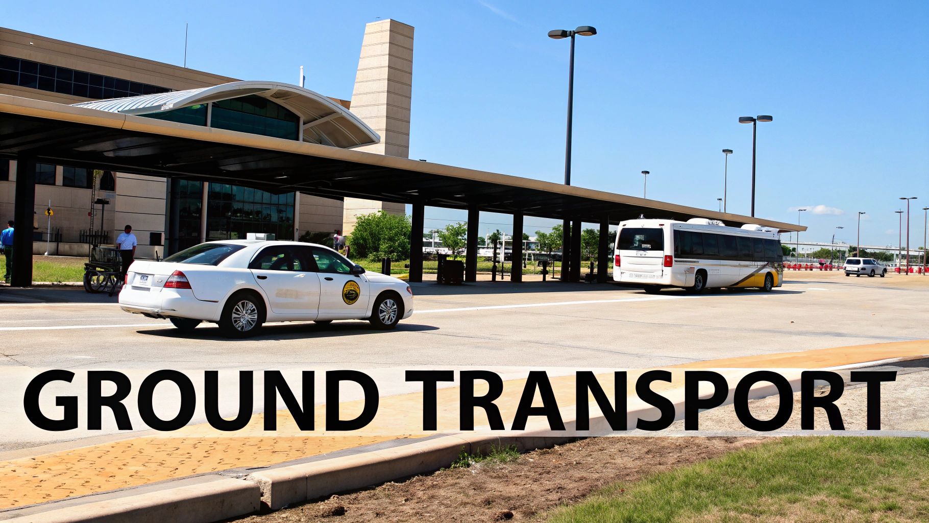 A Traveler's Guide to Navigating Sao Paulo Airport An airport terminal building with a white taxi and a shuttle bus at a ground transport area.