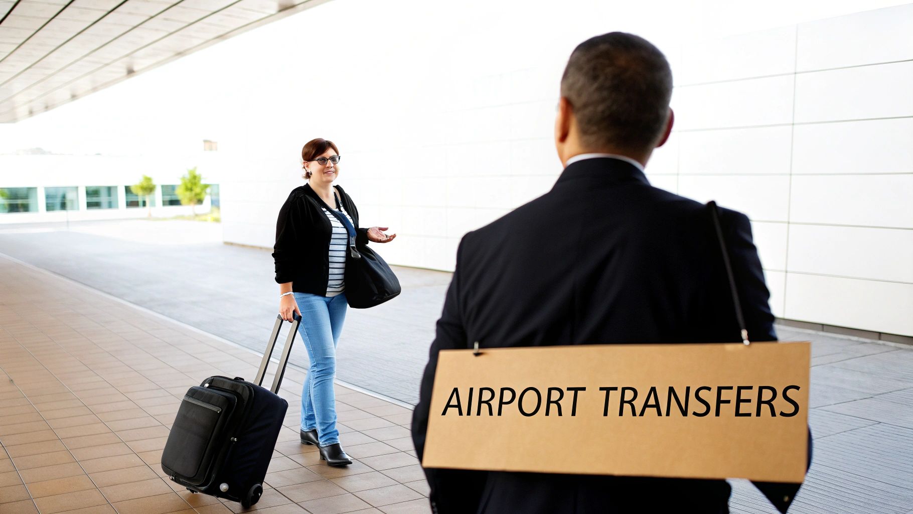 A Traveler's Guide to GRU Airport Flights A female traveler with luggage smiles as she approaches a man holding an 'AIRPORT TRANSFERS' sign.