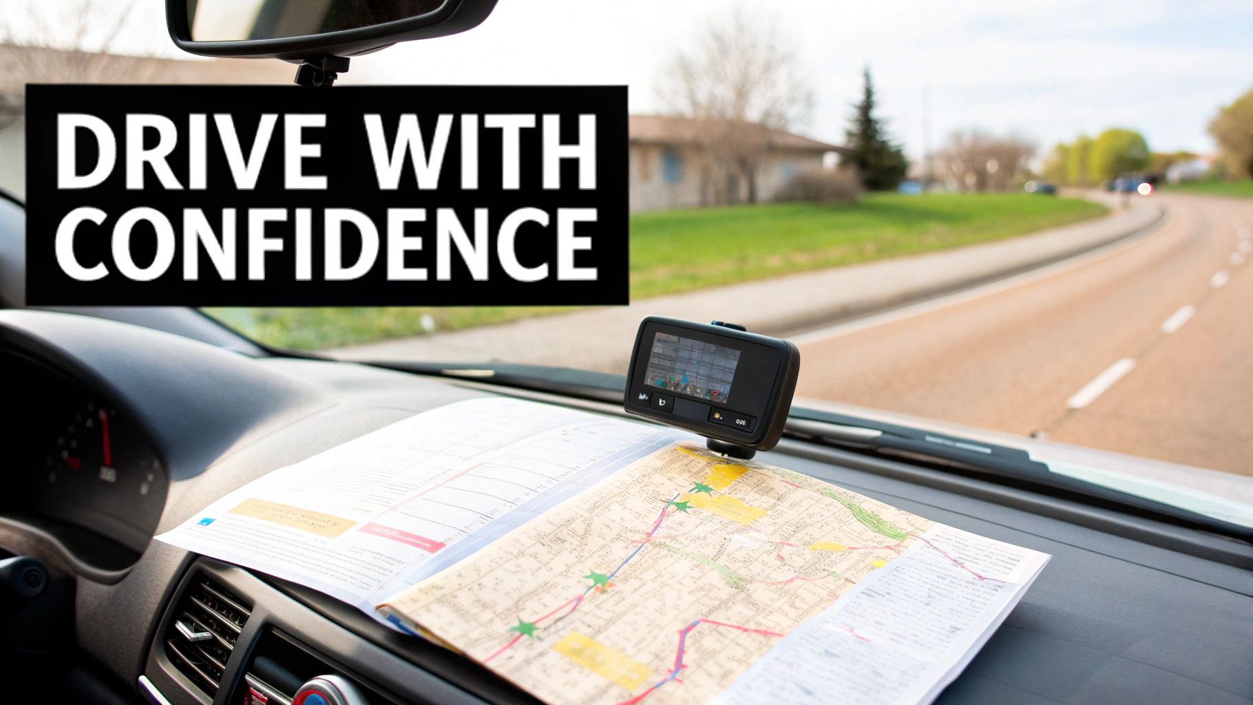 Inside a car, a map and GPS are on the dashboard, with a road ahead and 'Drive with Confidence' text.