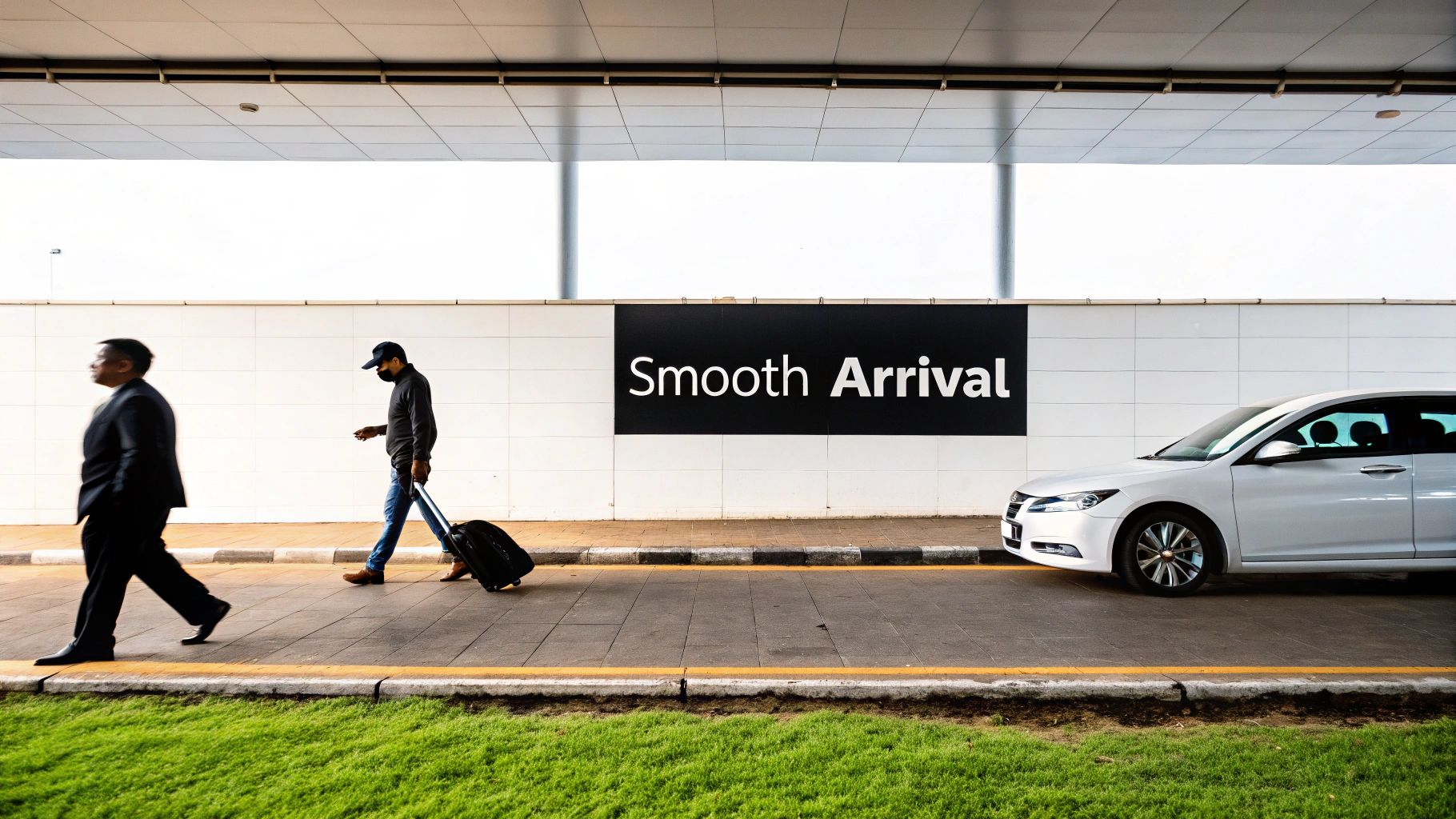 Your Guide to GOL Airlines Flight Status Two men walk past a 'Smooth Arrival' sign at an airport, one pulling luggage, a white car parked nearby.