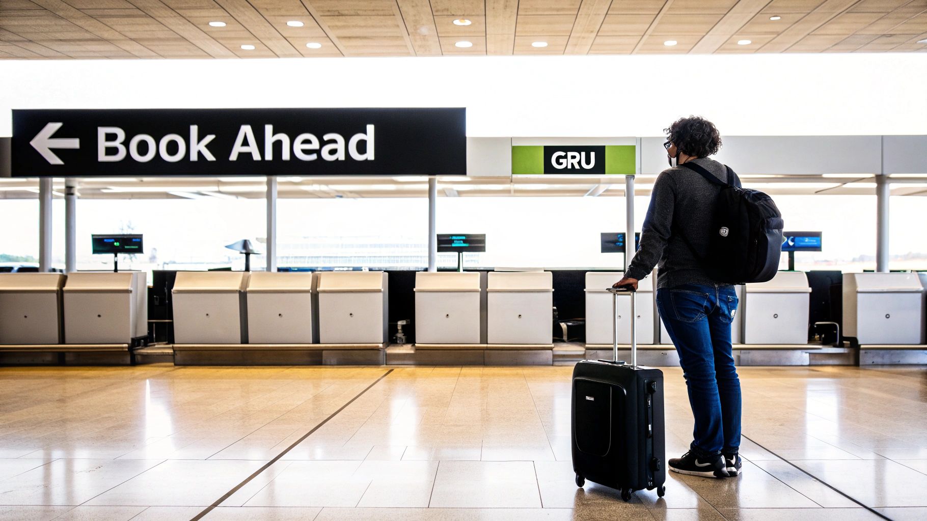 A traveler with a suitcase and backpack stands at airport check-in counters under 'Book Ahead' and 'GRU' signs.