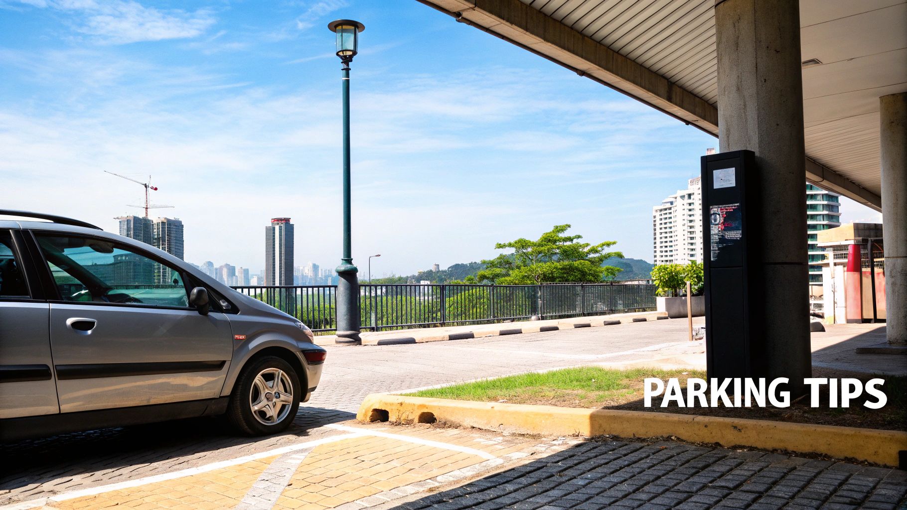 Guide to rental car sao paulo guarulhos airport: Tips and Agencies A silver car is parked in an outdoor lot with a city skyline and buildings in the background. A parking payment machine is visible.