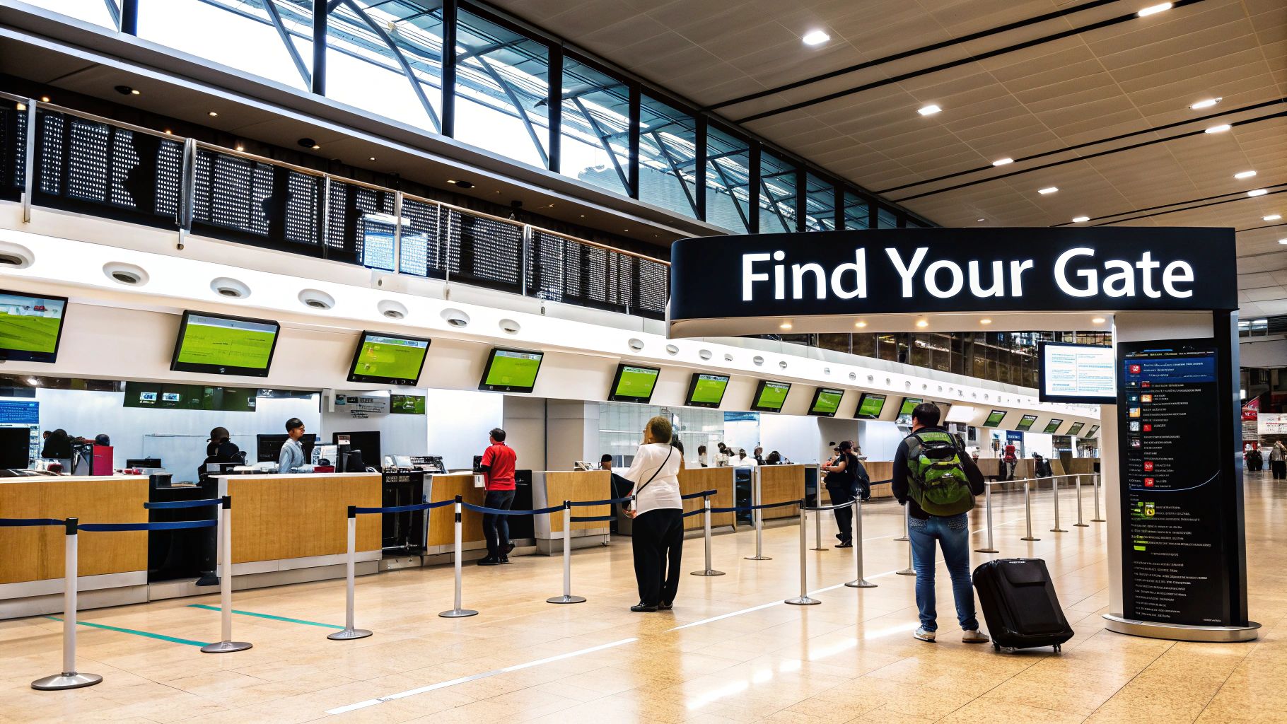 Navigating Aeroporto de Guarulhos Terminal 3 Modern airport check-in area with service counters, gate finder sign, and passengers with luggage