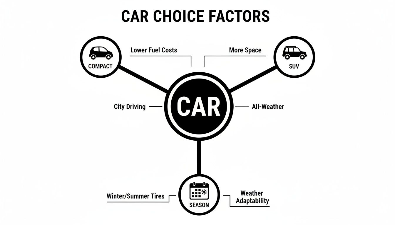 Guide to rental car sao paulo guarulhos airport: Tips and Agencies Infographic showing car choice factors: compact cars for city driving, SUVs for space, and seasonal weather adaptability.