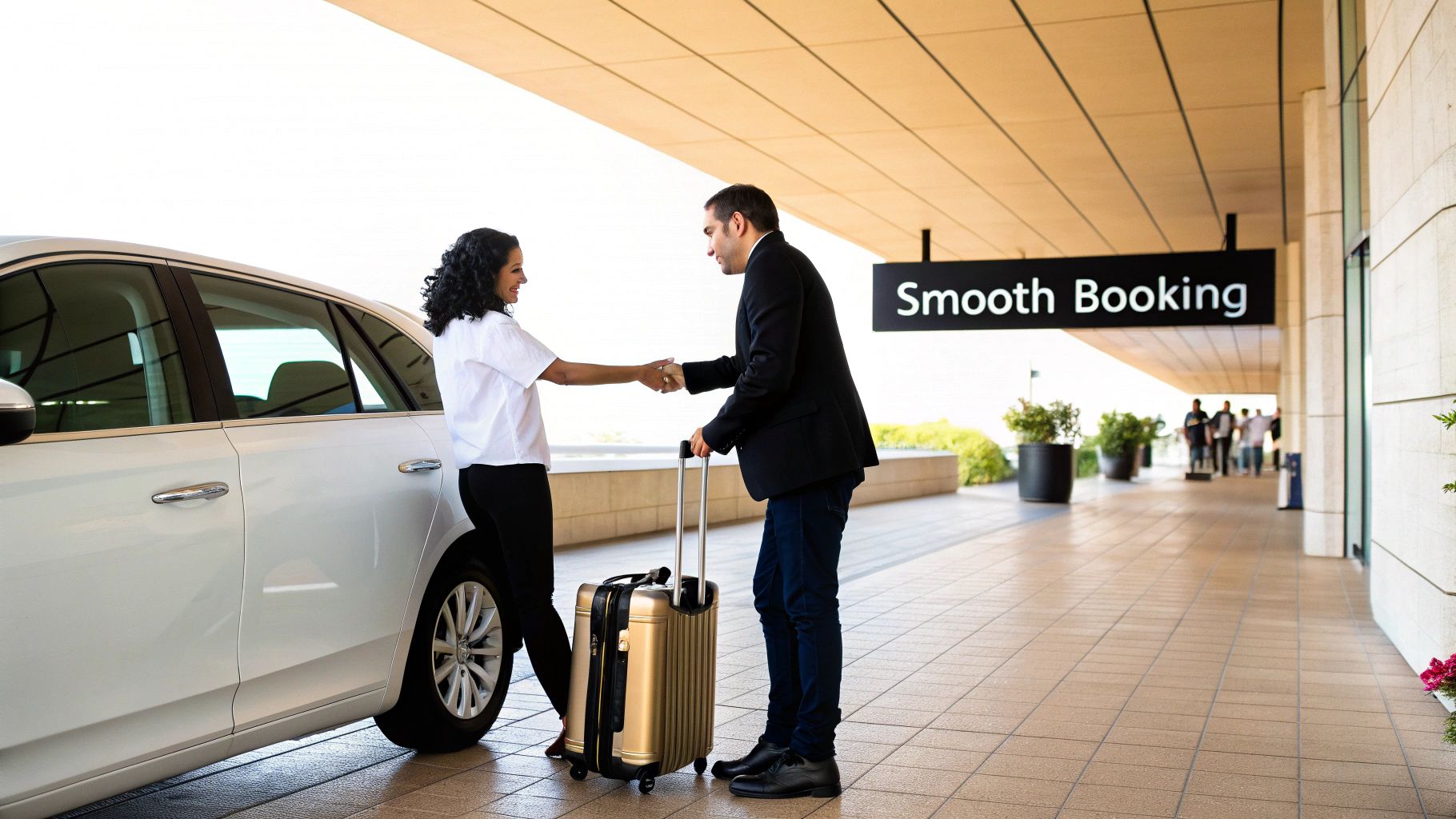 Finding a Reliable Airport Shuttle Service at GRU A woman shakes hands with a man holding a suitcase next to a white car, representing a smooth airport transfer.
