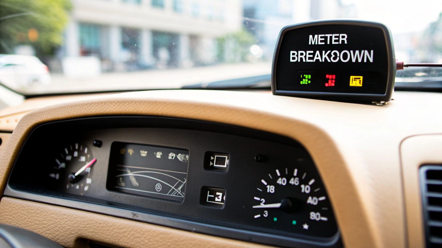 A view from inside a car showing the dashboard, a 'METER BREAKDOWN' device, and the road.