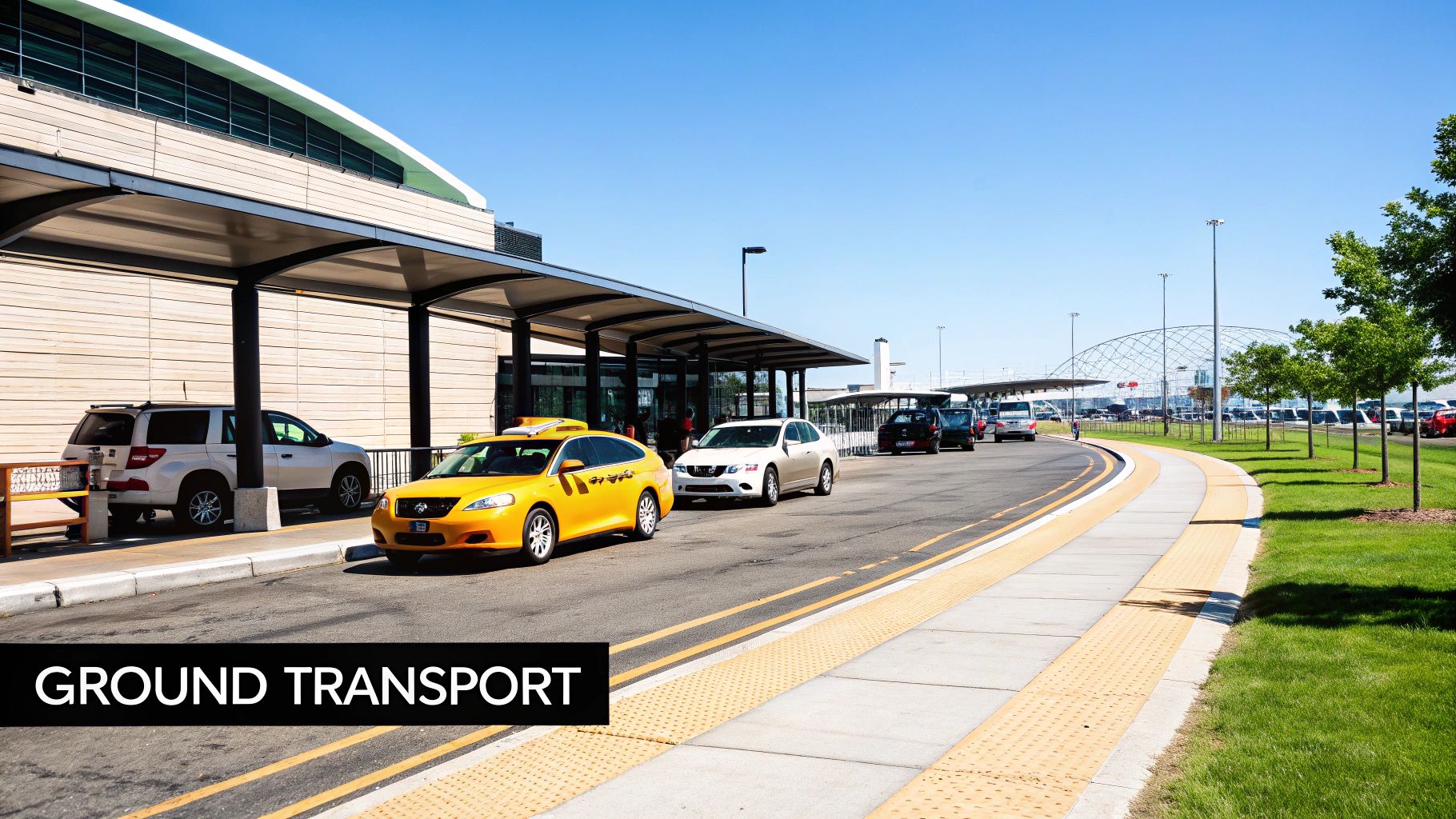 The Ultimate Mapa Terminal 3 Guarulhos Airport Guide A ground transport area outside an airport terminal with taxis, cars, and a covered walkway on a sunny day.