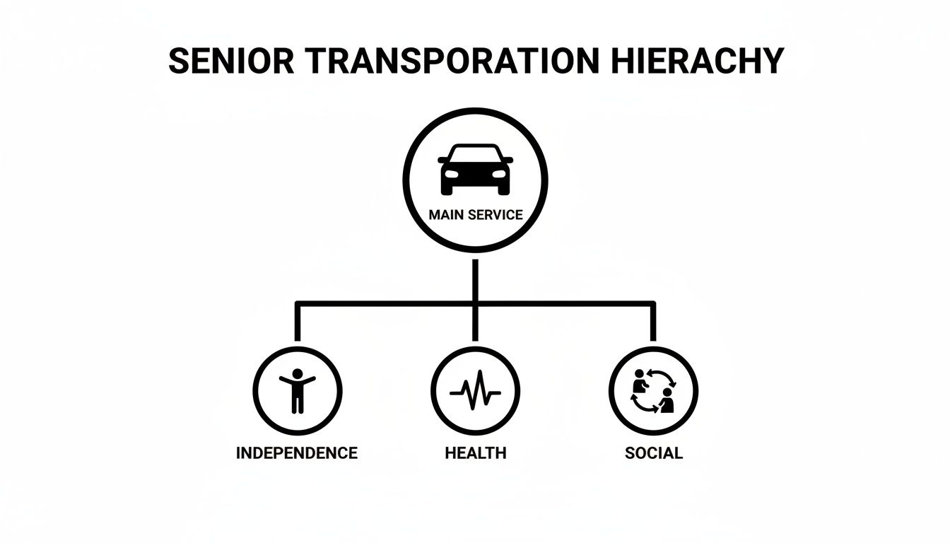 A senior transportation hierarchy diagram showing 'Main Service' (car) leading to 'Independence,' 'Health,' and 'Social' categories.