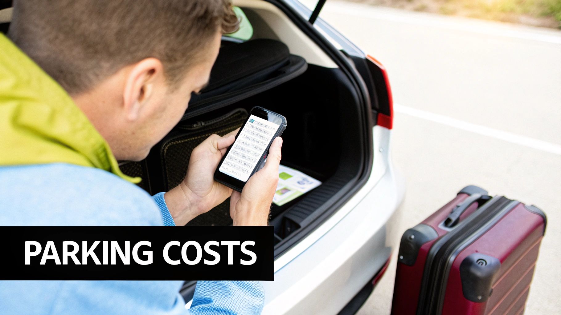 A man checks his smartphone next to an open car trunk and a red suitcase, with 'PARKING COSTS' displayed.