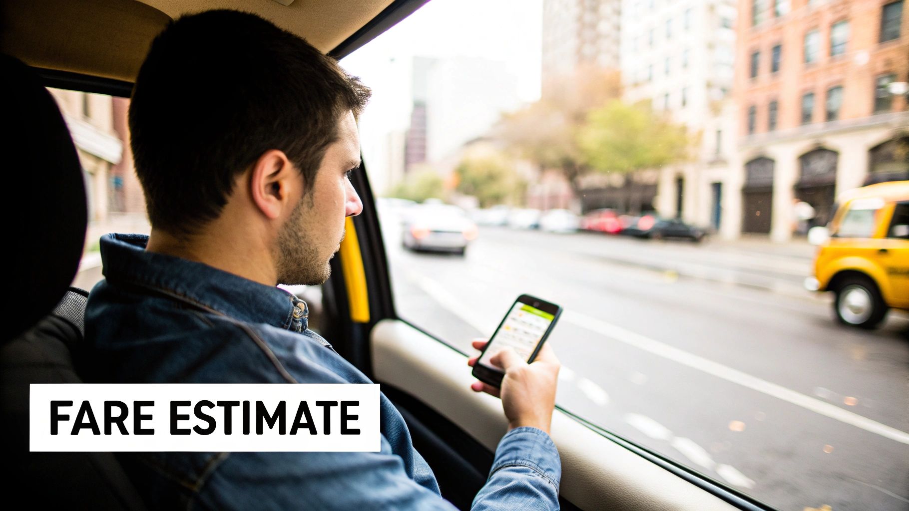 A man in a cab looks at his smartphone screen displaying 'FARE ESTIMATE' on a city street.