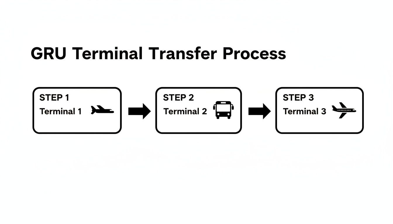 A Traveler's Guide to Navigating Sao Paulo Airport GRU Terminal Transfer Process flowchart showing steps from Terminal 1 (airplane) to Terminal 2 (bus) to Terminal 3 (airplane).
