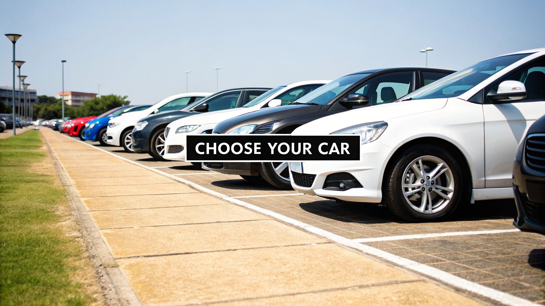 A long row of diverse cars parked outdoors under a clear sky, inviting customers to choose a vehicle.