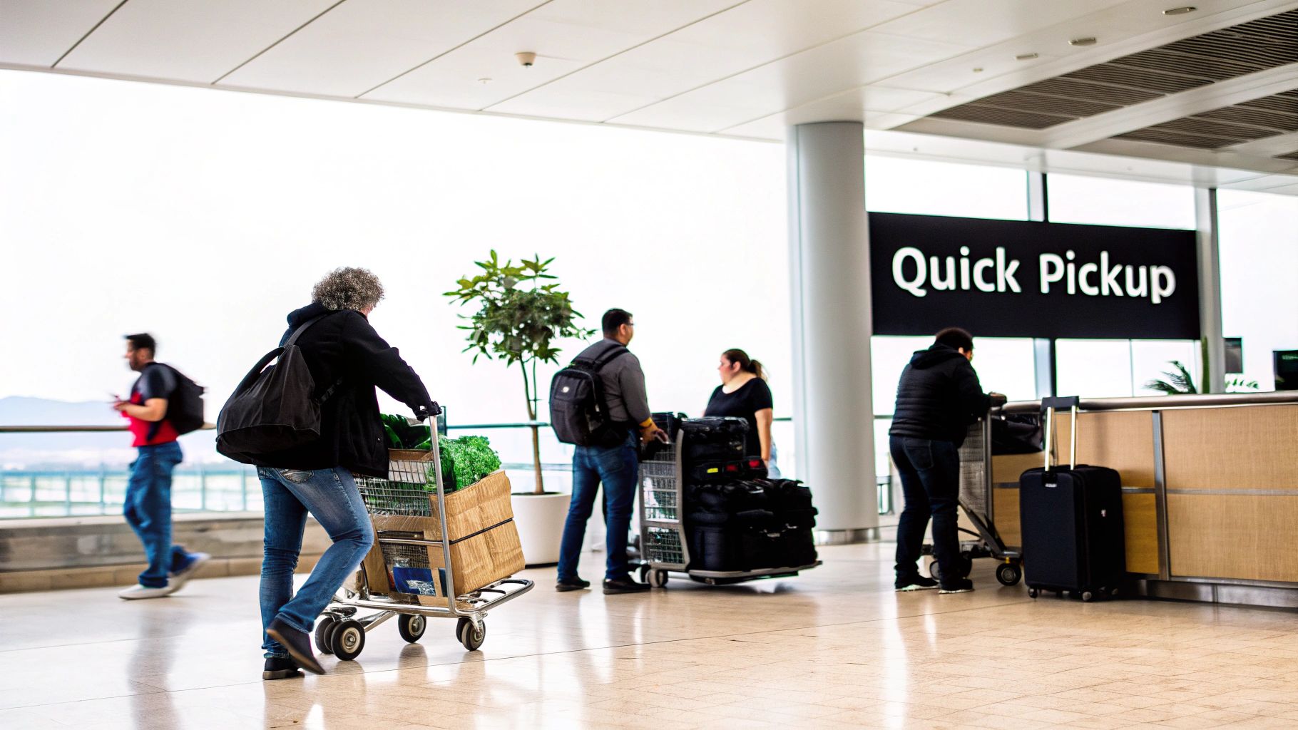 Travelers with baggage carts are navigating an airport's quick pickup area.