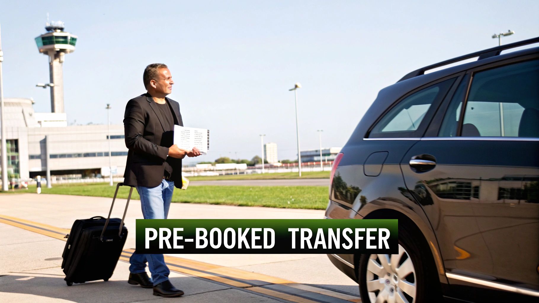 Guia Completo: taxi do aeroporto de guarulhos A man with a suitcase and documents walks towards a pre-booked transfer car at an airport.