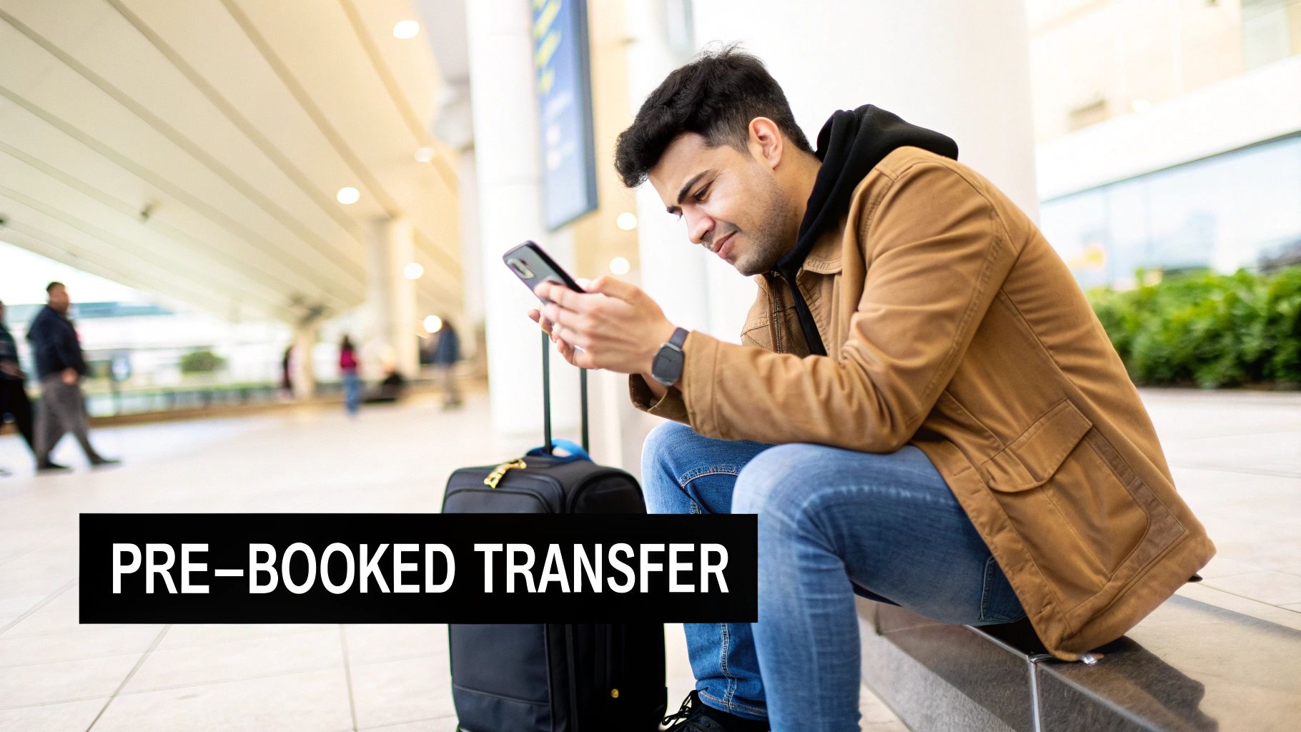 A man sits in an airport, checking his phone, with luggage nearby and a 'PRE-BOOKED TRANSFER' sign.