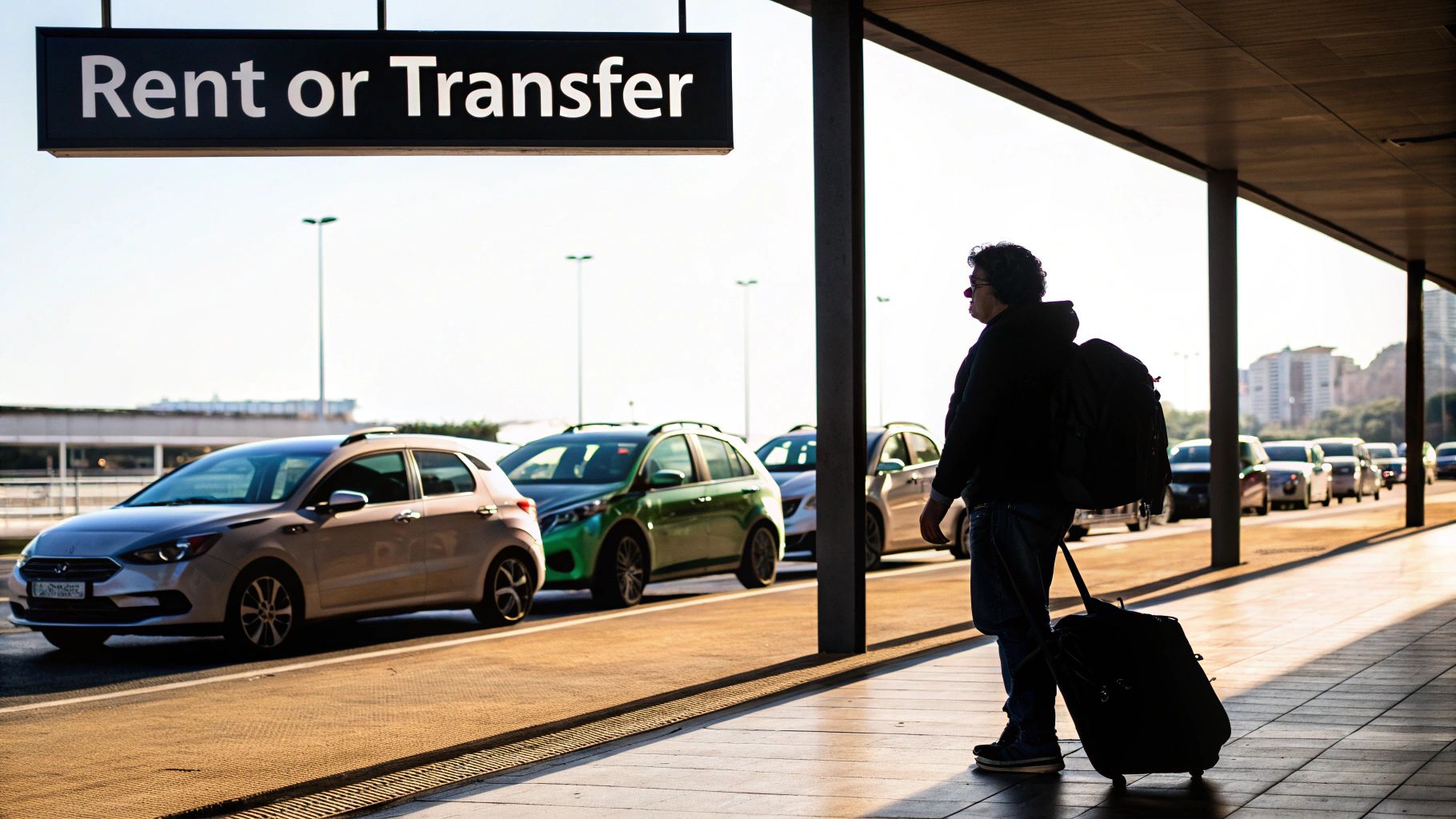 Discover car rental sao paulo international airport: Costs, Tips & More A traveler with luggage stands under a 'Rent or Transfer' sign at an airport, with cars waiting.